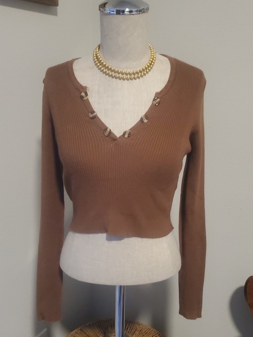 debut Ribbed Knit Top in Warm Brown